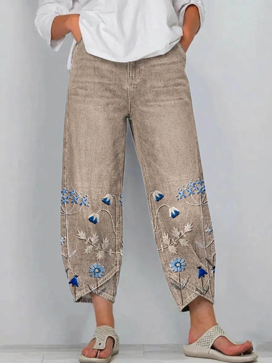 Pantalon Denim Femme Broderie Florale Coupe Droite Style Boho - PanierRoyale