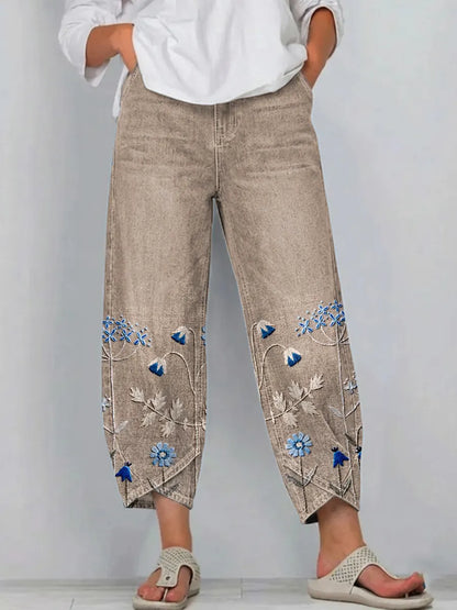 Pantalon Denim Femme Broderie Florale Coupe Droite Style Boho - PanierRoyale