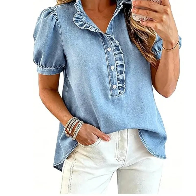 Haut Femme Denim Col Volanté Manches Bouffantes