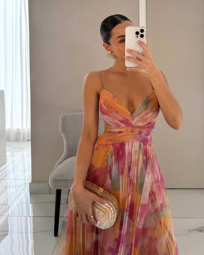 Robe Longue Femme Décolleté V Jupe Fluide Motif Abstrait