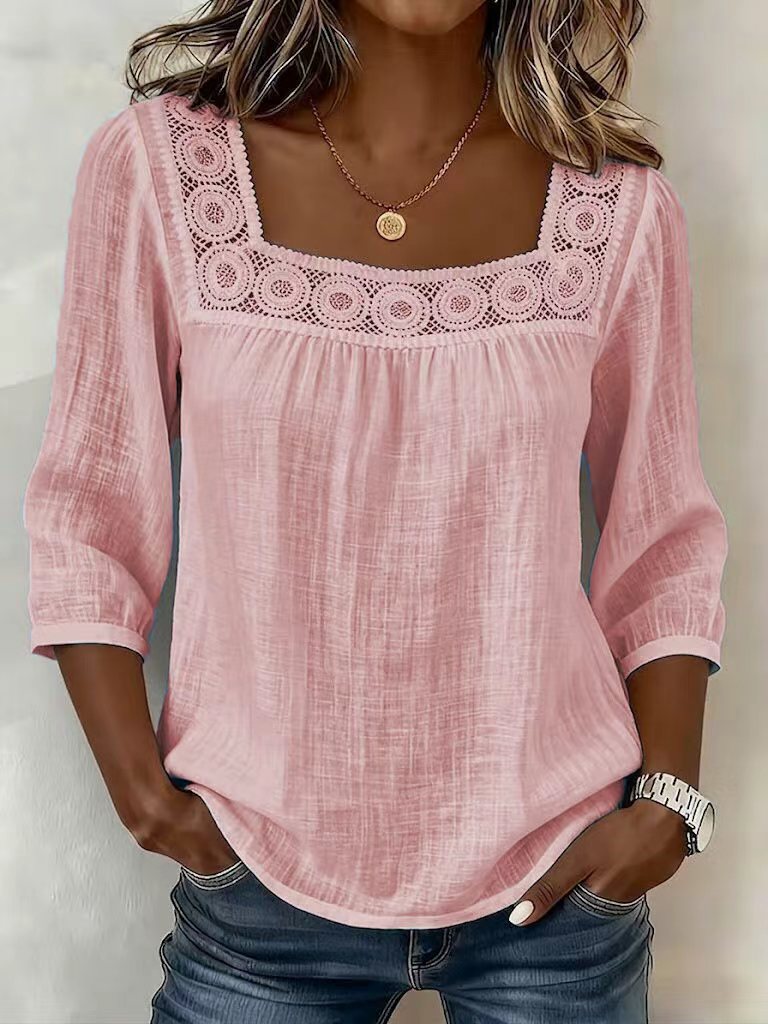 Blouse Femme Coton Lin Décolleté Carré Dentelle Raffinée