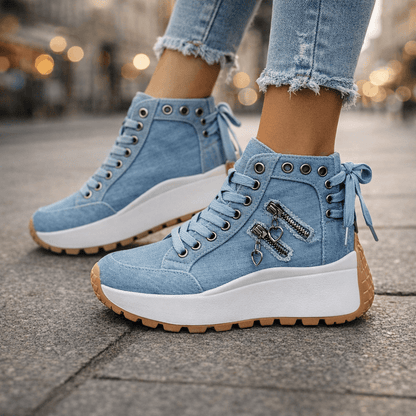 Baskets Femme Denim Plateforme Détails Zippés