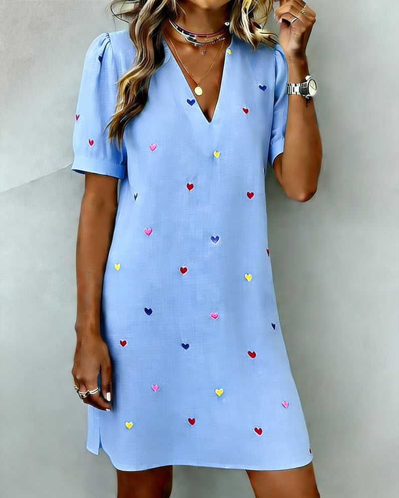 Robe Courte Femme Coton Lin Manches Bouffantes Col V
