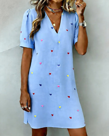 Robe Courte Femme Coton Lin Manches Bouffantes Col V