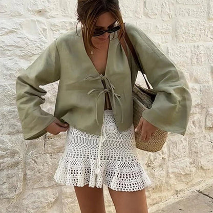 Blouse femme décontractée col V manches longues confortables