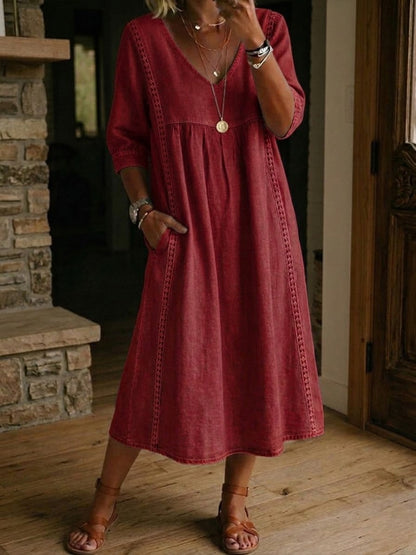 Robe Femme Coton Lin avec Dentelle Col en V