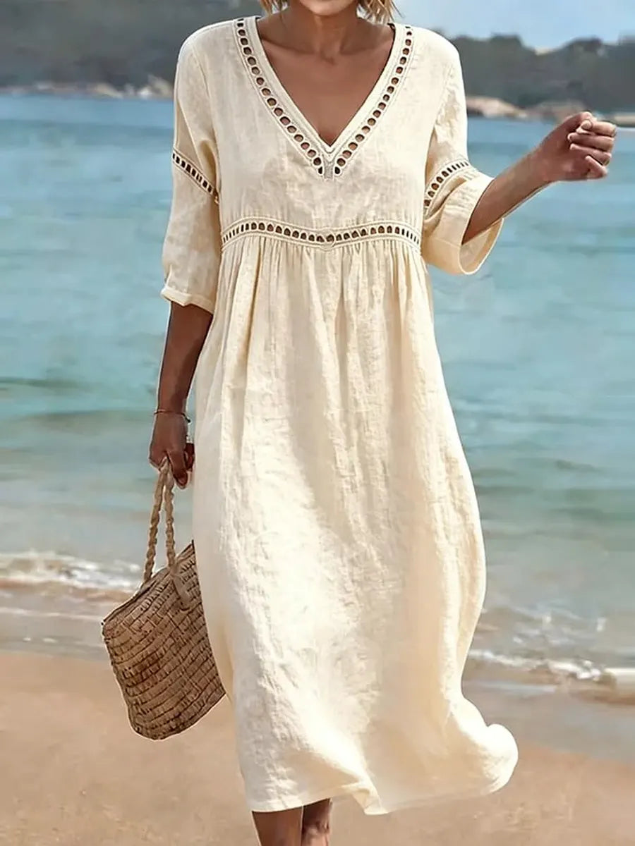 Robe Femme Coton Col V Coupe Fluide Manches Courtes