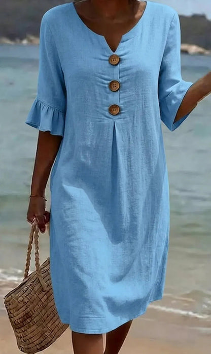 Robe Femme Coton Lin Boutonnée Manches Volantées Estivale