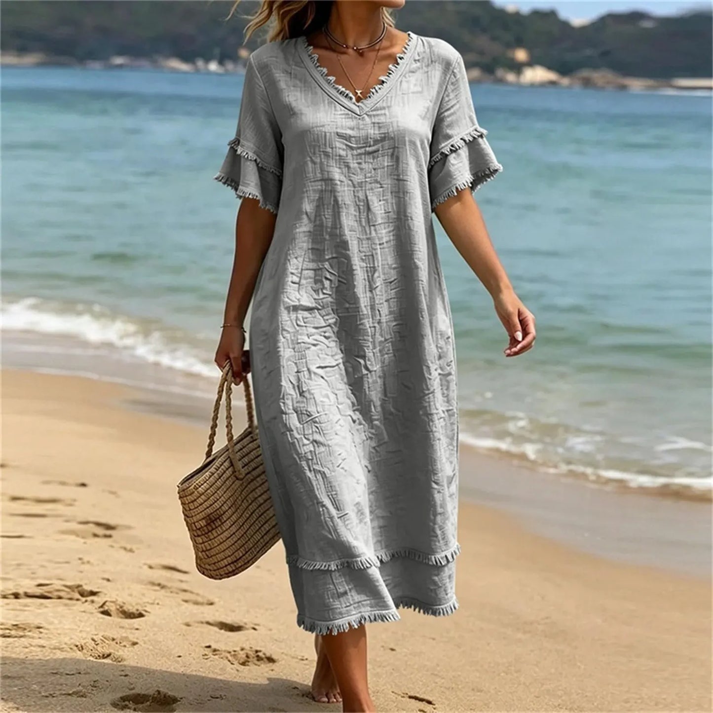 Robe Femme Fluidité Bohème Col en V avec Franges