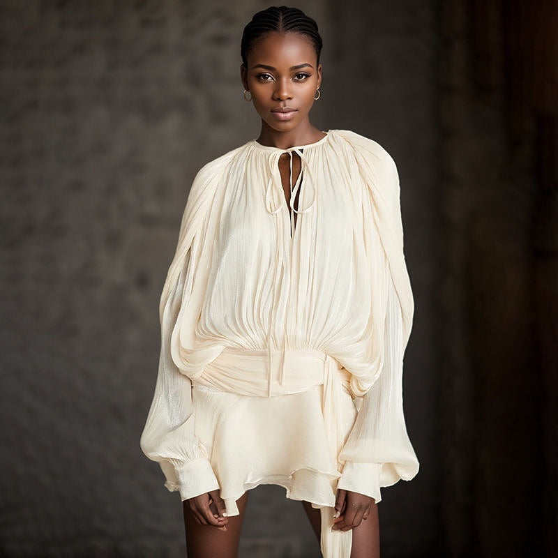 Robe Femme Plissée Manches Longues Col Boutonné - BerlinGlamour