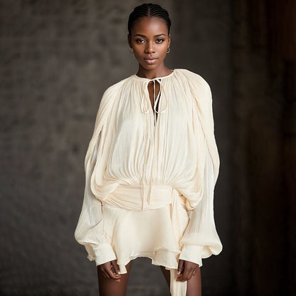 Robe Femme Plissée Manches Longues Col Boutonné - BerlinGlamour