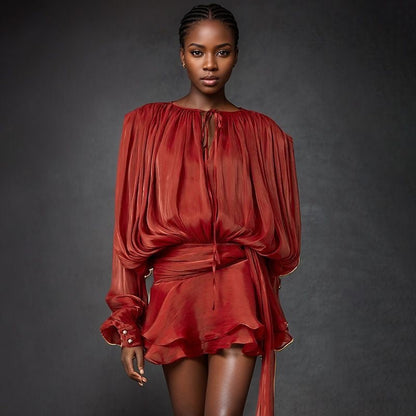 Robe Femme Plissée Manches Longues Col Boutonné