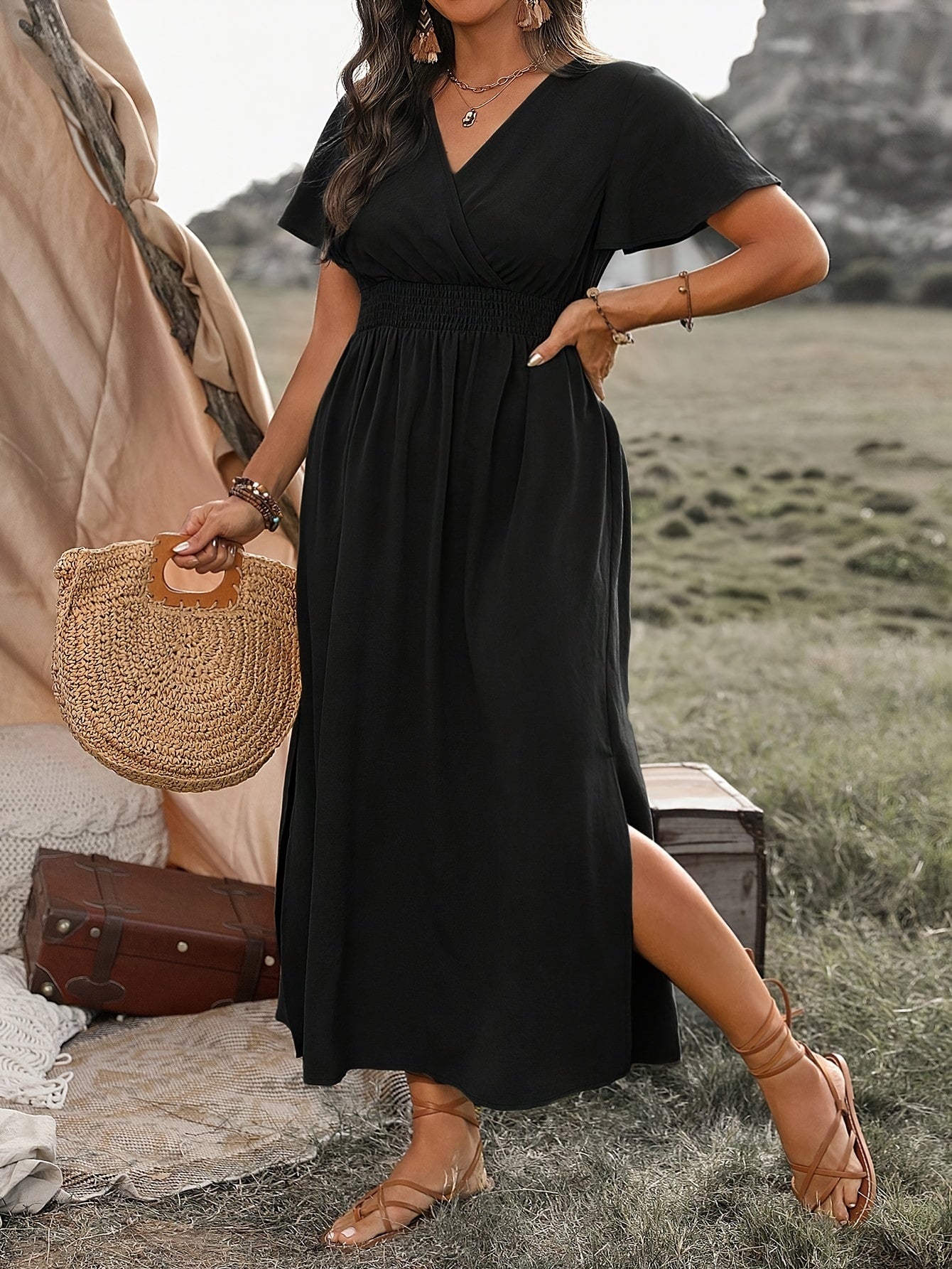 Robe Féminine Manches Bouffantes Col V