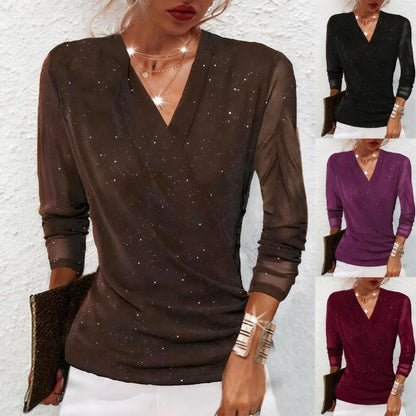 Blouse Femme Col en V Manches Longues Coupe Croisée