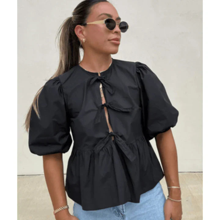 Chemisier Femme Manches Longues en Coton avec Décoration Nœud