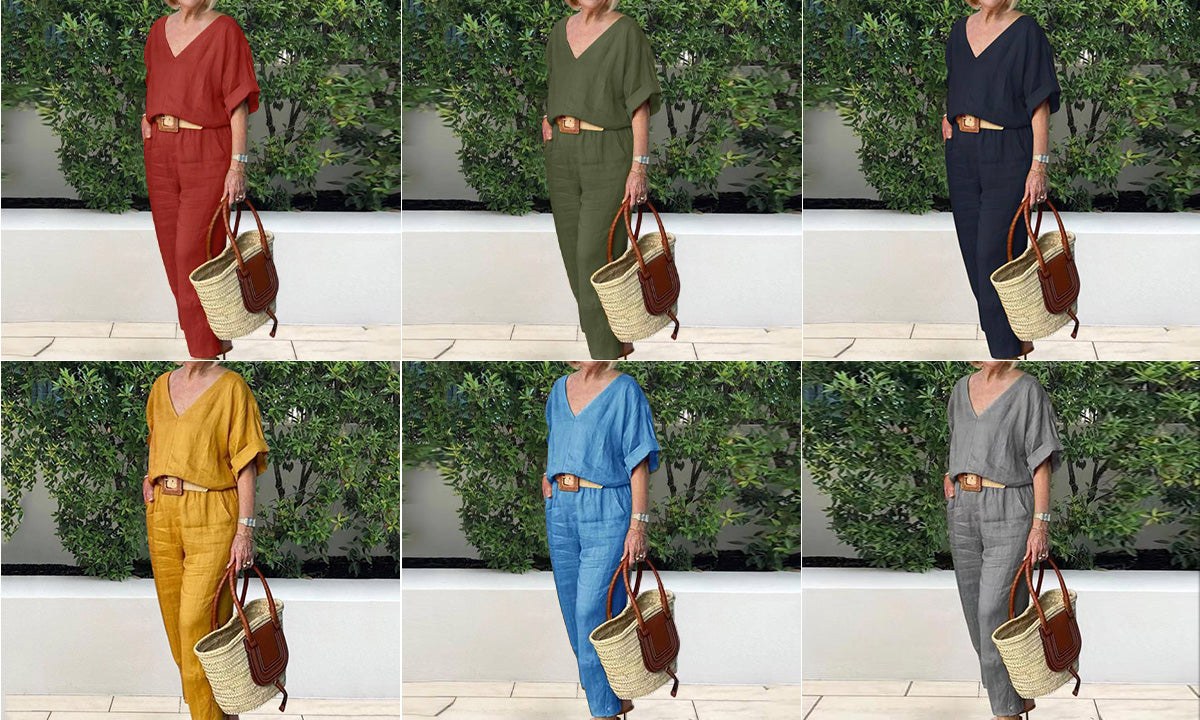 Ensemble Femme Col en V Pantalon Ample Coupe Décontractée