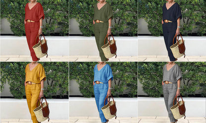 Ensemble Femme Col en V Pantalon Ample Coupe Décontractée