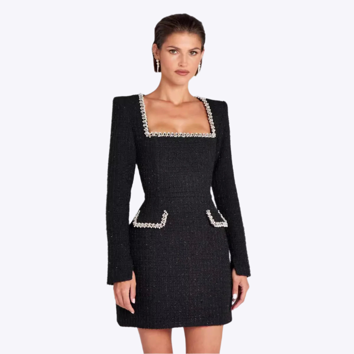 Robe Chic en Tweed Noir avec Perles - PanierRoyale