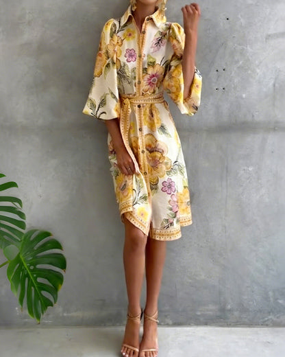Robe Femme Imprimé Floral Manches Lanternes Boutons