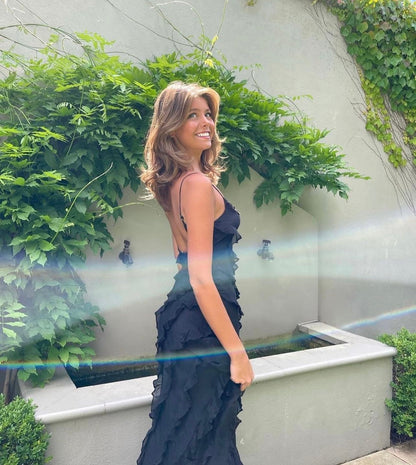Robe du Soir Évasée avec Ruches et Bretelles Fines