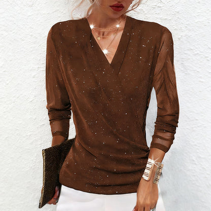Blouse Femme Col en V Manches Longues Coupe Croisée