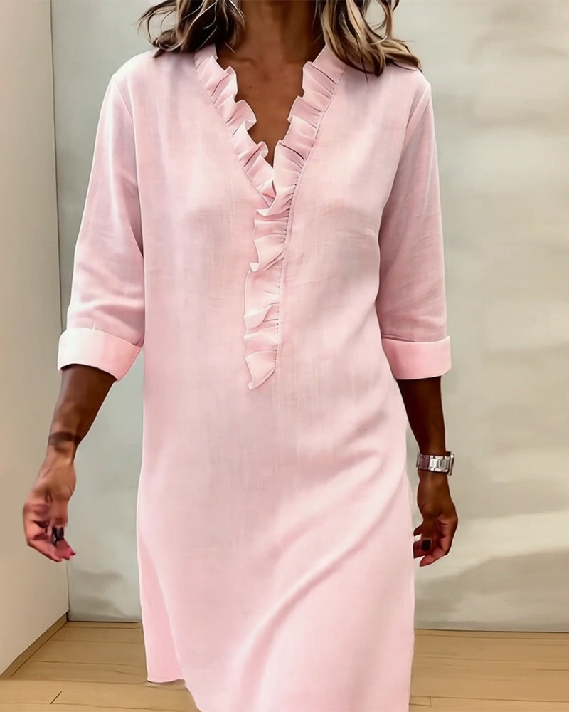 Robe Femme Col en V Volants Coupe Droite Décontractée