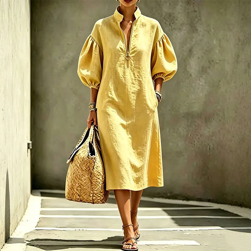 Robe Femme Fluide Manches Bouffantes Col Zippé