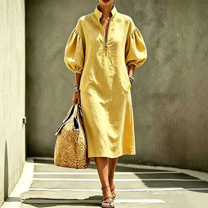 Robe Femme Fluide Manches Bouffantes Col Zippé