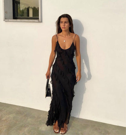 Robe du Soir Évasée avec Ruches et Bretelles Fines