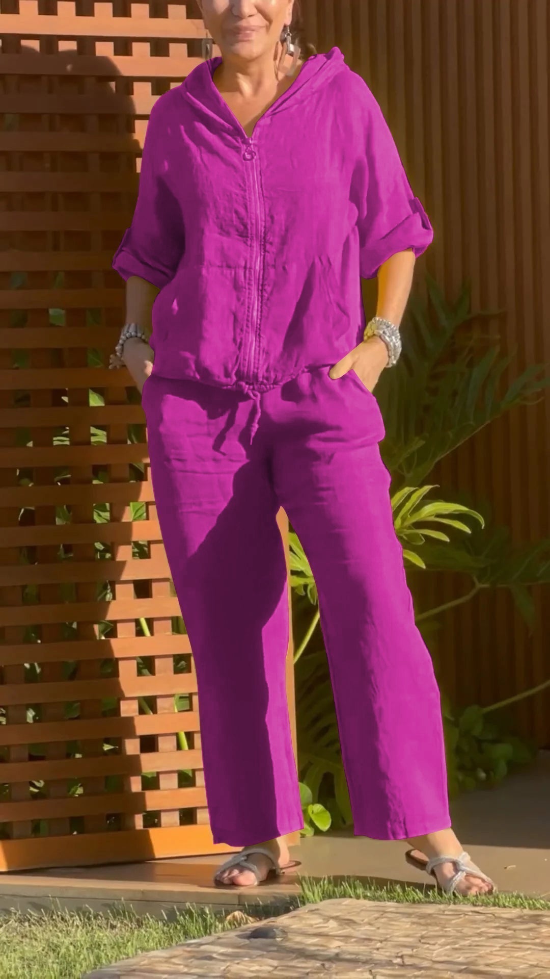 Ensemble Femme Coton Lin Capuche Zippée Coupe Ample