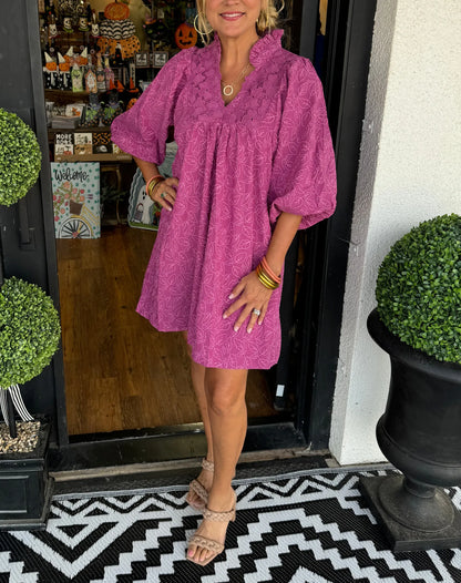Robe Courte Femme Jacquard Col V Manches Bouffantes