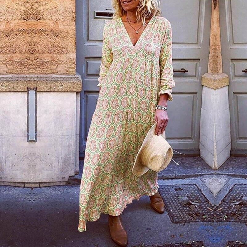 Robe Longue Imprimée Chic avec Décolleté en V et Coupe Détendue - PanierRoyale