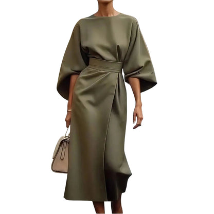 Robe Femme Élégante Mi-Longue Col Rond Manches Bouffantes - PanierRoyale
