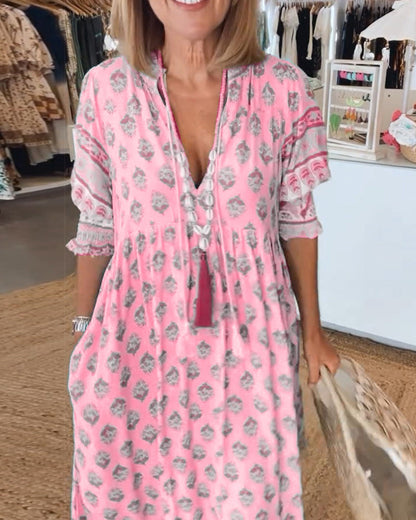 Robe midi Femme Fluide Imprimée Col en V Manches Lanterne Ample