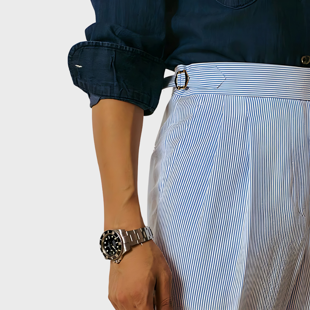 Pantalon rayé à taille haute avec ceinture