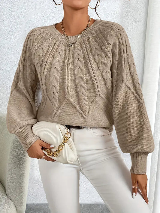 Pull Femme Tricoté Élégant avec Motif Tresse et Col Rond - BerlinGlamour