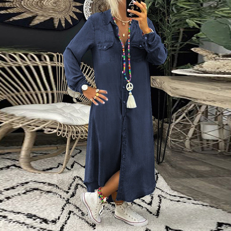 Robe Chemise Femme Tissu Léger Effet Denim Coupe Fluide