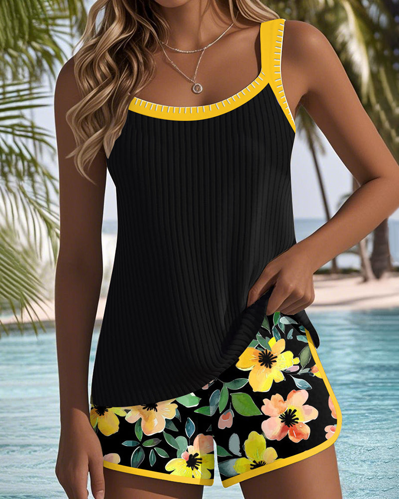 Tankini Deux Pièces Femme Côtelé Short Imprimé Coupe Ajustée