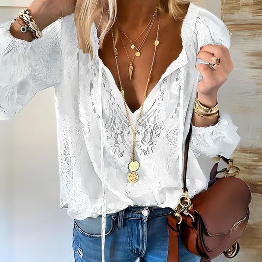 Blouse Dentelle Élégante avec Nœud Raffiné - PanierRoyale