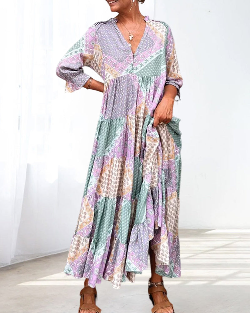 Robe Maxi Femme Imprimé Patchwork Coupe Ample Col V Manches Longues - PanierRoyale
