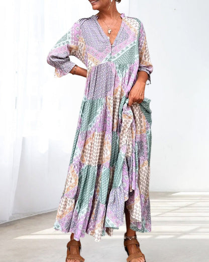 Robe Maxi Femme Imprimé Patchwork Coupe Ample Col V Manches Longues - PanierRoyale