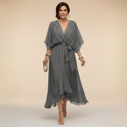 Robe Femme Chiffon Fluide Col en V Ceinturée