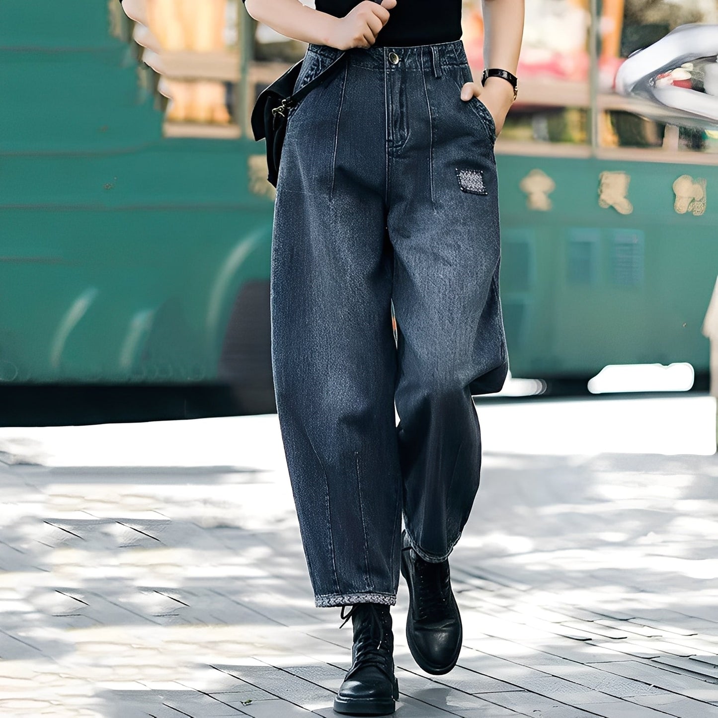 Jean Femme Confortable Taille Haute avec Poches Couture