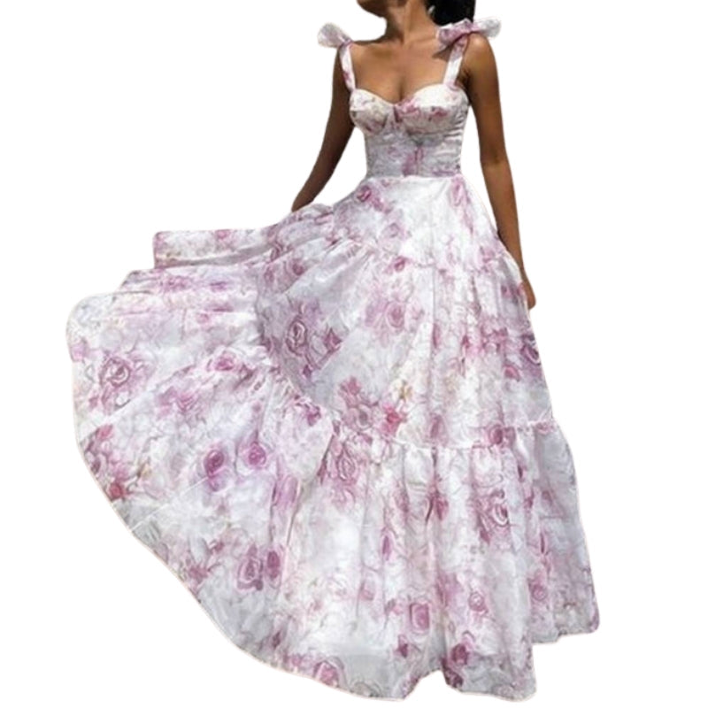 Robe Été Florale Décolletée avec Bretelles