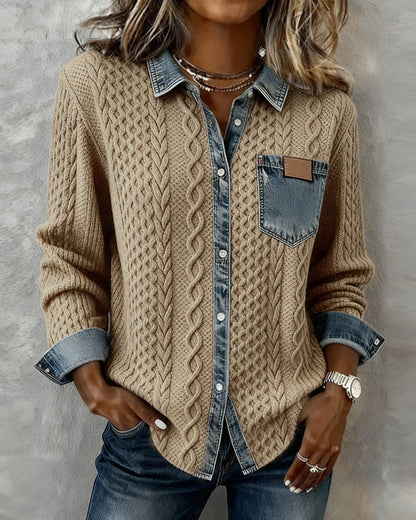 Chemise Femme Maille Torsadée Détails Denim Coupe Confortable
