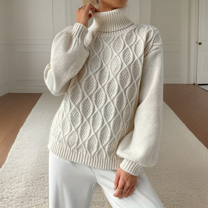 Pull Femme Col Roulé Tricoté Blanc → Pull Femme Col Rond Chaud et Doux