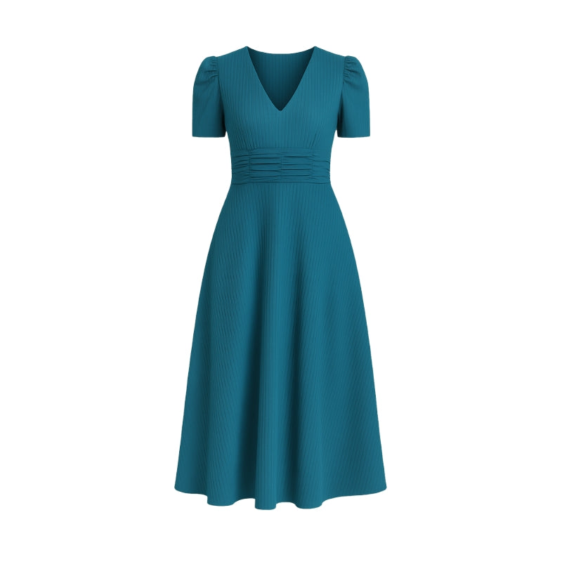 Robe Chic Mi-Longue Col V Manches Bouffantes Femmes