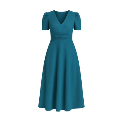 Robe Chic Mi-Longue Col V Manches Bouffantes Femmes