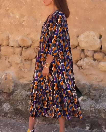 Robe longue Femme Fluide Imprimé Rétro Col en V Manches Élégantes
