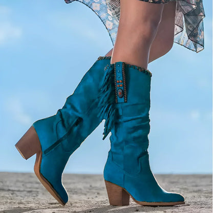 Bottes Western Femmes en Cuir Véritable avec Franges et Talon Épais